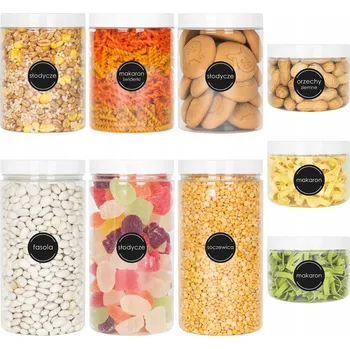 Dóza na potraviny 9x ZAVAŘOVACÍ SKLENICE / NÁDOBA NA POTRAVINY pro sypké produkty 0,5L 1L 1,5L + SAMOLEPICÍ ŠTÍTKY