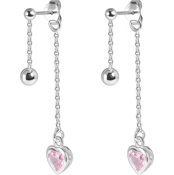 Náušnice Dětské stříbrné náušnice 925 - růžové zirkonové srdce, kuličky, řetízek