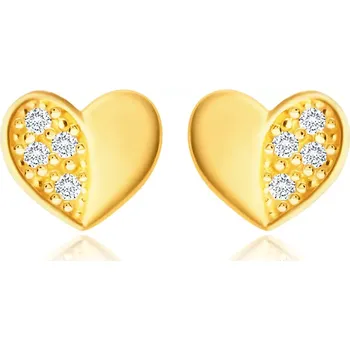 Náušnice Diamantové náušnice ze žlutého 585 zlata - srdíčko s lesklou a briliantovou polovinou