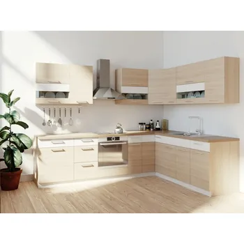 Kuchyňská linka Rohová kuchyně RUTHIN 285x210, buk/bílý lesk + vyzvednutí ZDARMA