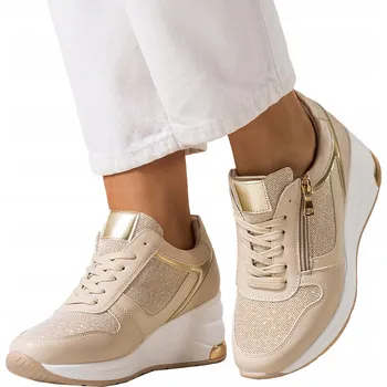 Dámské tenisky Béžové dámské sportovní SNEAKERS boty na klínku s koženou stélkou, velikost 37