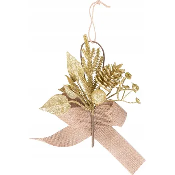 Vánoční dekorace Větvička MagicHome Vánoce, s koblihou a jutovou stuhou, zlatá, 17 cm
