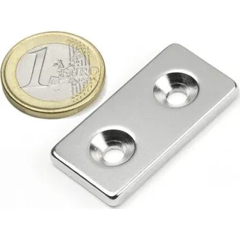 Dekorativní magnet Neodymový magnet kvádr 40&nbsp;×&nbsp;20&nbsp;×&nbsp;4&nbsp;mm, 2 otvory M4, síla 8,7&nbsp;kg