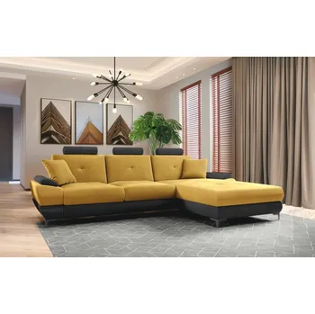 Sedací souprava Rozkládací rohová sedačka YLARIS s úložným prostorem, pravá, hořčicová látka/černá ekokůže + vyzvednutí ZDARMA