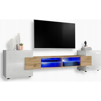 Televizní stolek Komodee TV stolek Merano, lesklá čela, skleněné police, modré LED osvětlení