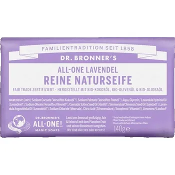 Mýdlo Dr-Bronners Pece Pevna-mydlaČistě přírodní mýdlo All-One Lavender 140 g (1&nbsp;000,00 Kč / 1 kg)