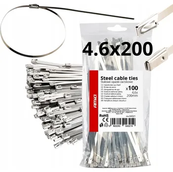 Stahovací páska Kovové stahovací pásky z nerezové oceli 4,6x200 mm, 100 ks AMIO-04321