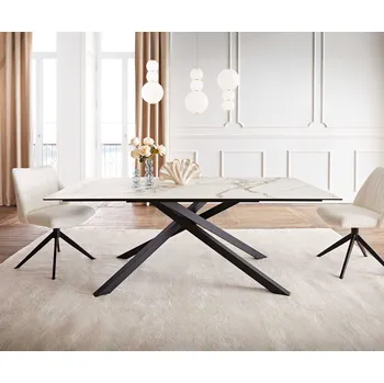 Jídelní stůl DELIFE Jídelní stůl Edge 200x100 keramika Calacatta Luxe bílá-zlatá-šedá křížová podnož obdélník černá