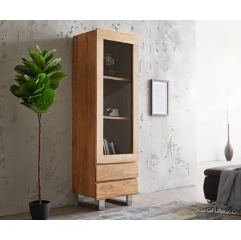 Komoda DELIFE Skleněná vitrína Live-Edge 60x190 cm akácie přírodní přírodní hrana 1 dvířko 2 zásuvky masivní