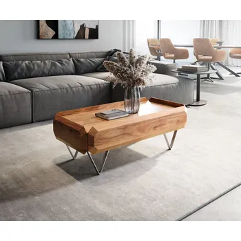 Konferenční stolek DELIFE Konferenční stolek Kiano 100x50 cm akácie přírodní 2 zásuvky podnož ve tvaru V nerezová ocel