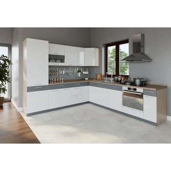 Kuchyňská linka Rohová kuchyně RUTHIN 275x300, bílý lesk/grafit mat + vyzvednutí ZDARMA