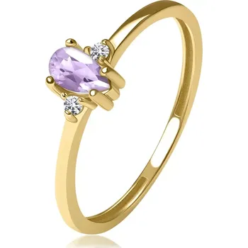 Prsten Prsten ze žlutého 14K zlata - dva čiré brilianty, fialová ametystová slza - Velikost: 47