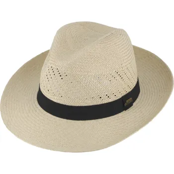 Klobouk Fiebig - Headwear since 1903 Letní panamký klobouk Fedora - ručně pletený - Natur s černou stuhou Velikost: 59 cm (L)