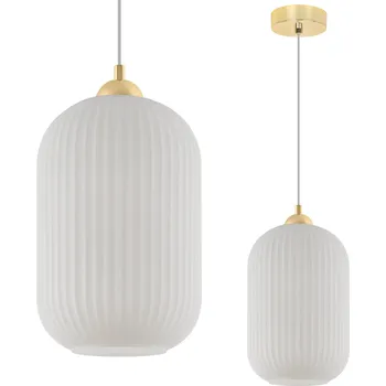 ZÁVĚSNÁ LAMPA STROPNÍ LUSTR BÍLÁ SKLENĚNÁ ZLATÉ DOPLŇKY RÝHOVANÁ E27