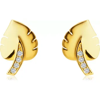Náušnice Diamantové náušnice ze 14K žlutého zlata - list "Monstera", stonek ozdobený brilianty
