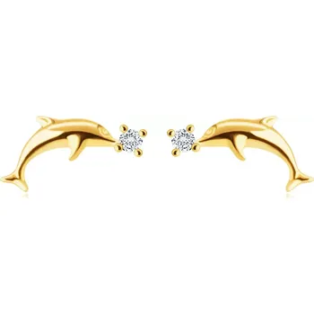 Náušnice Diamantové náušnice ze 14K žlutého zlata - hladký lesklý delfín, kulatý briliant