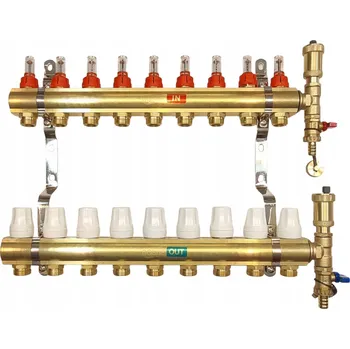 rozdělovač topení Rozdělovač pro podlahové topení, 9 okruhů, mosazný, 2 x odvzdušňovací ventil GOSHE