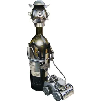 Stojan na víno Kovový stojan na víno, motiv zahradník se sekačkou