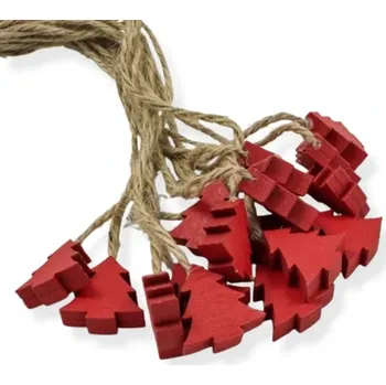 Stromek dřevěný červený na provázku - 16 ks
