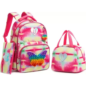 Školní batoh Jasmine Dívčí školní batoh set 3v1 Motýlek Popit Růžový 24L