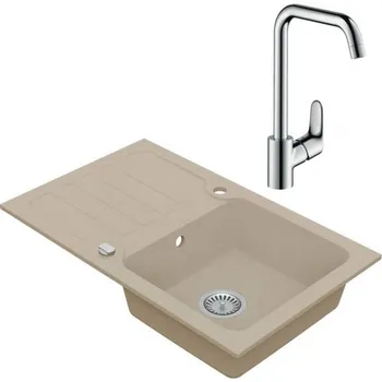 Granitový dřez VIMA Dřezový set Hansgrohe 2/A - Granitový dřez s odkapávací plochou 780x480 mm, písková + Dřezová baterie Hansgrohe Focus