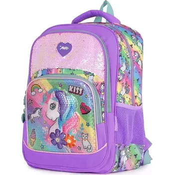 Školní batoh Miko Dívčí školní batoh Neon s 3D jednorožcem Fialový 20L
