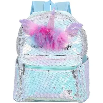 Dětský batoh Who Cares flitrový batoh jednorožec s ofinkou Modrý 12L