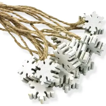 Vločka dřevěná bílá na provázku - 16 ks