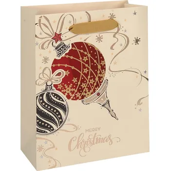Dárková taška Taška vánoční dárková, béžová, potisk, průhledné okénko, 22,5 x 33,5 x 10cm