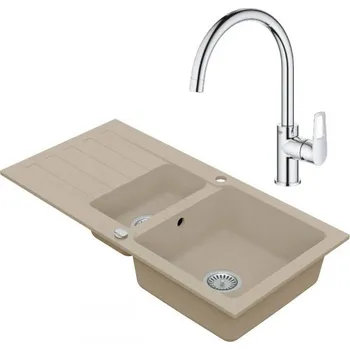 Granitový dřez VIMA Dřezový set Grohe 3/A - Granitový dřez 960x480 mm 1,5-sektoru s odkapávací plochou, písková + Dřezová baterie Grohe Bau Loop