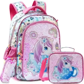 Školní batoh Jasmine Dívčí školní batoh set 3v1 Flitrový Jednorožec 25L
