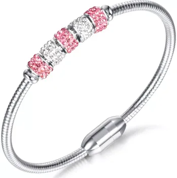 Náramek Titan Jewerly Dámský ocelový pevný náramek s krystaly růžové kolečko Stříbrná 17 cm