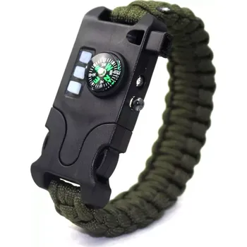 Vybavení pro přežití SURVIVAL náramek s kompasem,píšťalka,svítilna Zelený