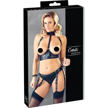 Dámský erotický kostým Cottelli Bondage - lesklý košíček s pouty (černý) - XL