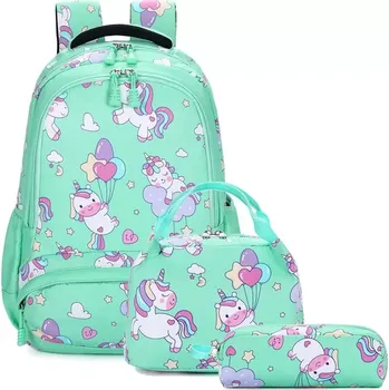 Školní batoh Meiso Dívčí školní batoh set 3v1 Jednorožec na mráčku Zelený 17L