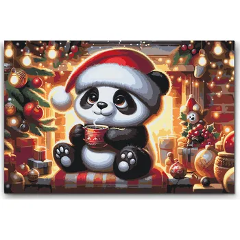 Malování podle čísel - Vánoční panda a šálek kávy Velikost: 40x60cm, Rámování: Pouze srolované plátno