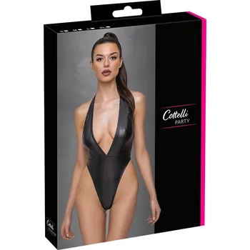 Dámské erotické body Cottelli Party - Lesklé body s nákrčníkem (černé)