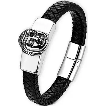 Náramek Pánský kožený proplétaný náramek Buddha Černý - Délka 23 cm