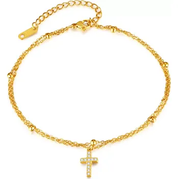 Náramek Řetízek na nohu z chirurgické oceli s křížkem Zlatý