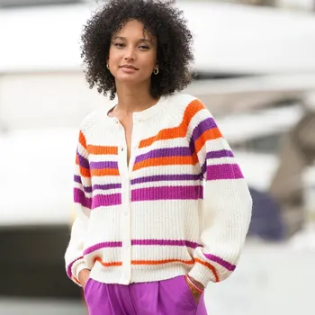 Dámský svetr Blancheporte Pruhovaný svetr na knoflíky s halenkovými rukávy režná/purpurová 38/40