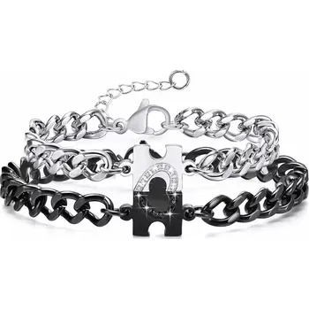 Náramek Titan Jewerly Náramky pro páry z chirurgické oceli se srdíčkem Puzzle Stříbrná + černá 18 cm + 5 cm prodlužovací řetízek (nastavitelná až na 23 cm)