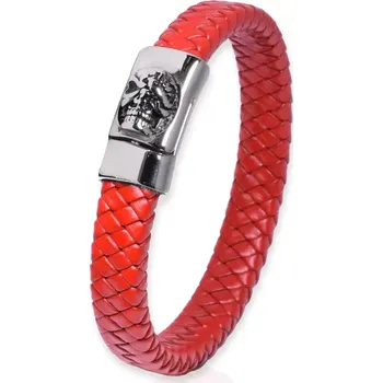 Náramek Pánský splétaný kožený náramek Lebka Červený 22 cm - Délka 22 cm
