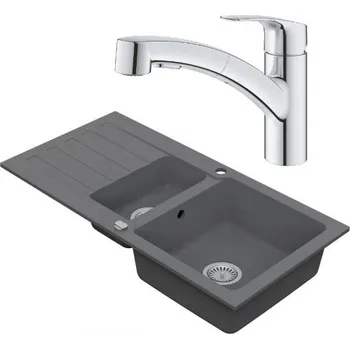 Granitový dřez VIMA Dřezový set Grohe 6/C - Granitový dřez 960x480 mm 1,5-sektoru s odkapávací plochou, šedá + Dřezová baterie Grohe Eurosmart