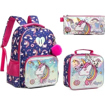Školní batoh Jasmine Dívčí školní batoh set 3v1 Jednorožec s flitry 25L