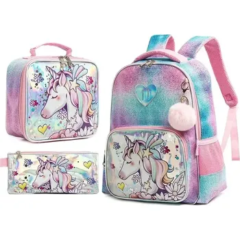 Školní batoh Jasmine Dívčí školní batoh set 3v1 Jednorožec s hvězdy 25L