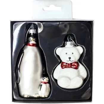 Vánoce GORDIMEX Skleněné figurky na stromeček, tučňák a medvídek 8 cm stříbrná, černá, bílá 2 ks