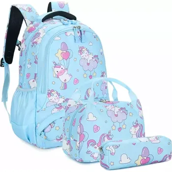 Školní batoh Meiso Dívčí školní batoh set 3v1 Jednorožec na mráčku Blue 17L