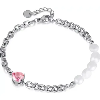 Náramek Titan Jewerly Náramek z chirurgické oceli se srdíčkem a perly Stříbrný Délka 16,5 + 3,5 cm