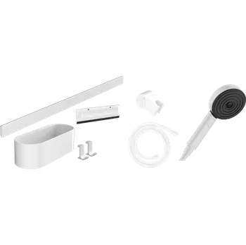 Vodovodní baterie Hansgrohe WallStoris Sada: ruční sprcha 105 3jet Activation EcoSmart, nástěnná tyč 70 cm a sada pro odkládání, matná bílá 24291700