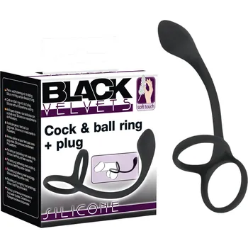 Dildo Black Velvet - štíhlý anální dildo s penisovým a varlatícím kroužkem (černý)